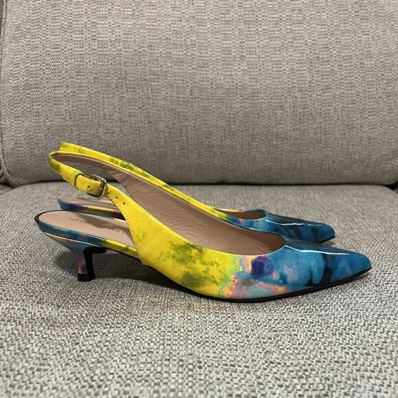 Stuart Weitzman Pocosling Kitten Heel Sling Back in Sun Paintball Patent Leather - Picture 2 of 10